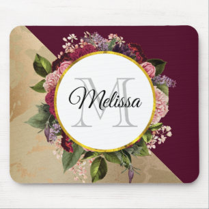 Gold Marble Pattern and Burgundy Florals Monogram Mouse Mat
