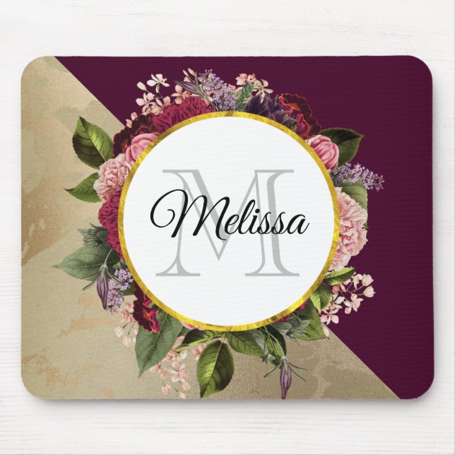 Gold Marble Pattern and Burgundy Florals Monogram Mouse Mat (Front)