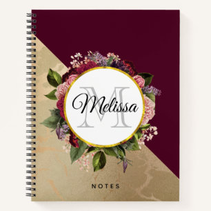 Gold Marble Pattern and Burgundy Florals Monogram Notebook