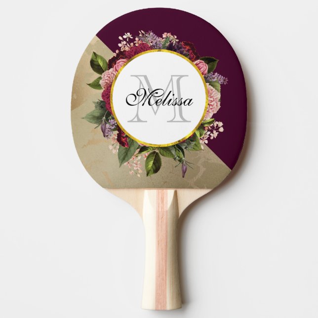Gold Marble Pattern and Burgundy Florals Monogram Ping Pong Paddle (Front)