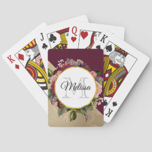 Gold Marble Pattern and Burgundy Florals Monogram Playing Cards