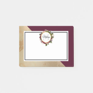 Gold Marble Pattern and Burgundy Florals Monogram Post-it Notes