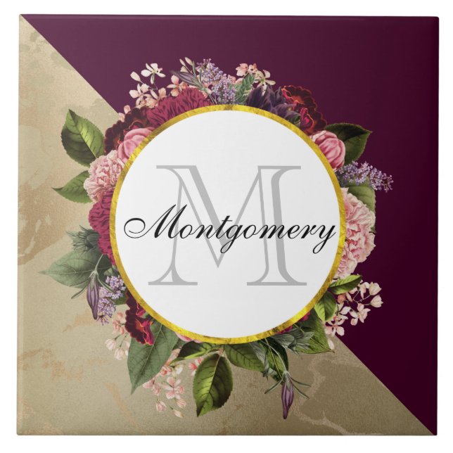 Gold Marble Pattern and Burgundy Florals Monogram Tile (Front)