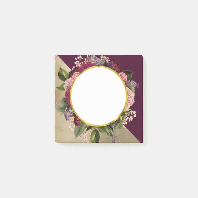 Gold Marble Pattern and Burgundy Florals Post-it Notes (Front)