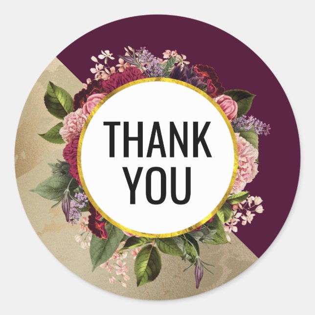 Gold Marble Pattern and Burgundy Florals Thank You Classic Round Sticker (Front)