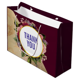 Gold Marble Pattern and Burgundy Florals Thank You Large Gift Bag
