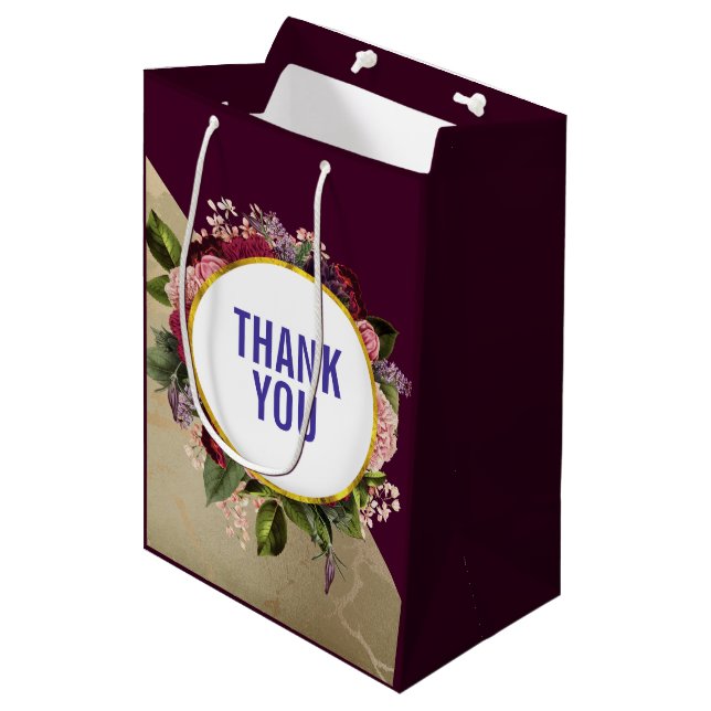 Gold Marble Pattern and Burgundy Florals Thank You Medium Gift Bag (Front Angled)