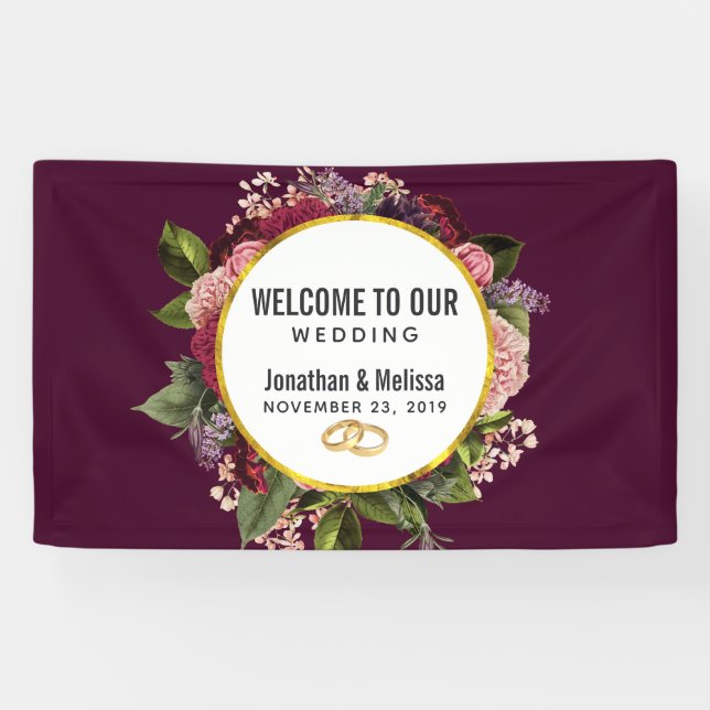 Gold Marble Pattern and Burgundy Florals Wedding Banner (Horizontal)
