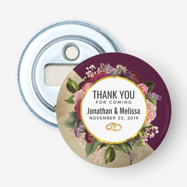 Gold Marble Pattern and Burgundy Florals Wedding Bottle Opener (Front)