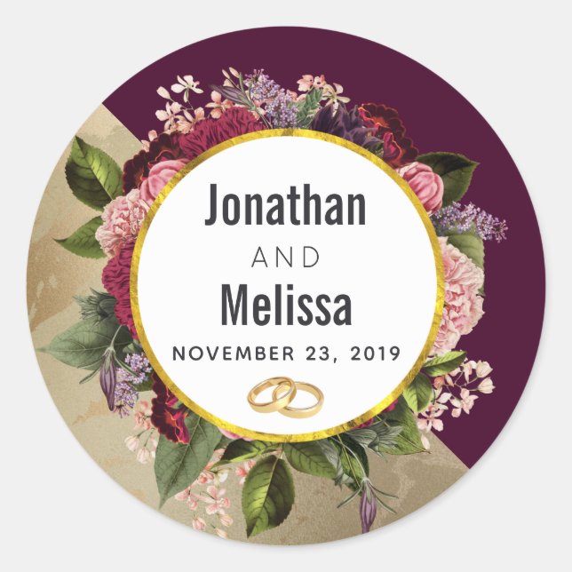 Gold Marble Pattern and Burgundy Florals Wedding Classic Round Sticker (Front)