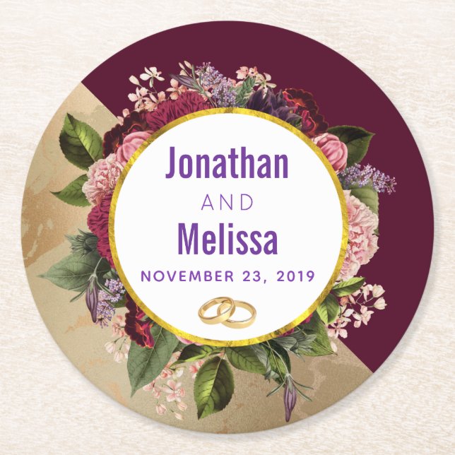 Gold Marble Pattern and Burgundy Florals Wedding Round Paper Coaster (Front)