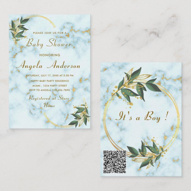 Gold Marble QR Code Baby Boy Shower Invitation (Front/Back)