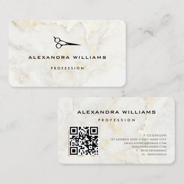 Gold Marble QR Code Scissor Modern Business Card (Front/Back)