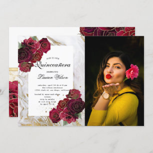 gold marble roses floral  Quinceanera Photo  Invit Invitation