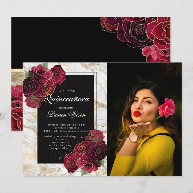 gold marble roses floral  Quinceanera Photo  Invitation (Front/Back)