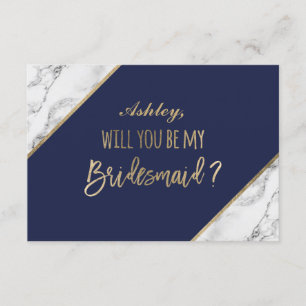 Gold marble script navy blue be my bridesmaid invitation