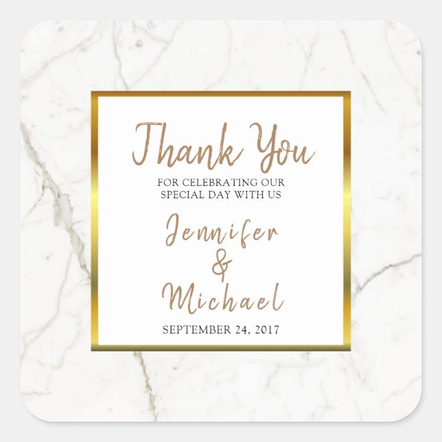 Gold Marble script Wedding Thank You Favour Square Sticker (Front)