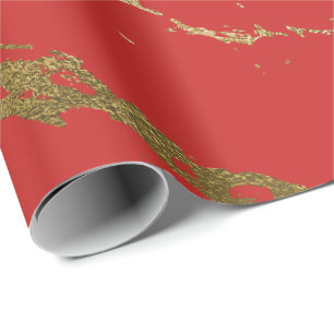 Gold Marble Shiny Glam Vivid Bright Red Wrapping Paper