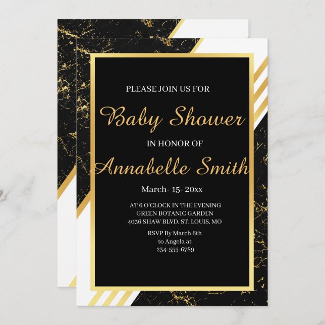 Gold marble stripes typography black  Baby Shower Invitation (Front/Back)