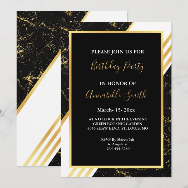 Gold marble stripes typography black Birthday Invitation (Front/Back)