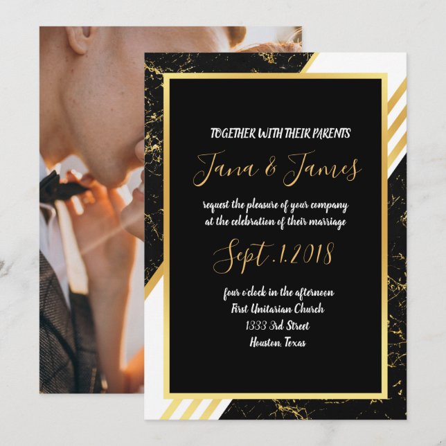 Gold marble stripes typography black invitation (Front/Back)