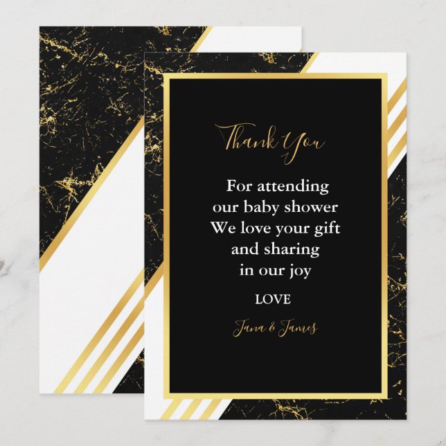 Gold marble stripes typography black thank you invitation (Front/Back)