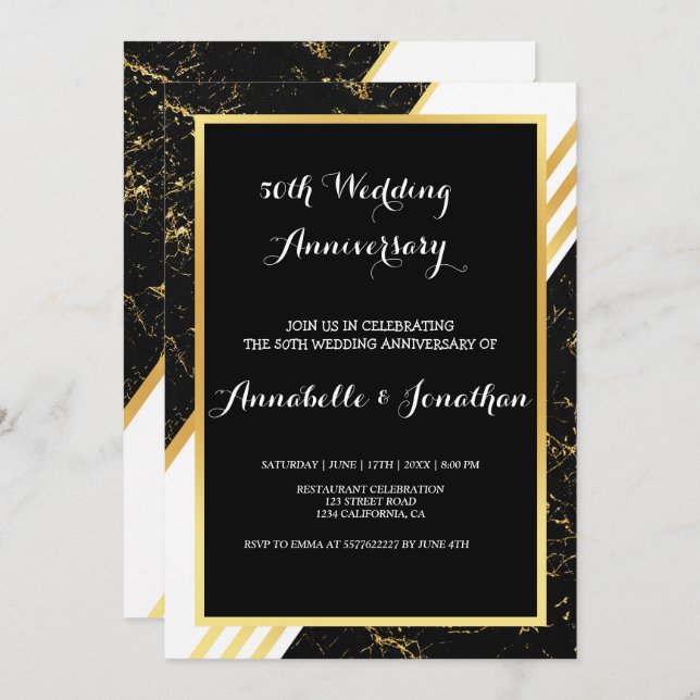 Gold marble stripes typography Wedding Anniversary Invitation (Front/Back)
