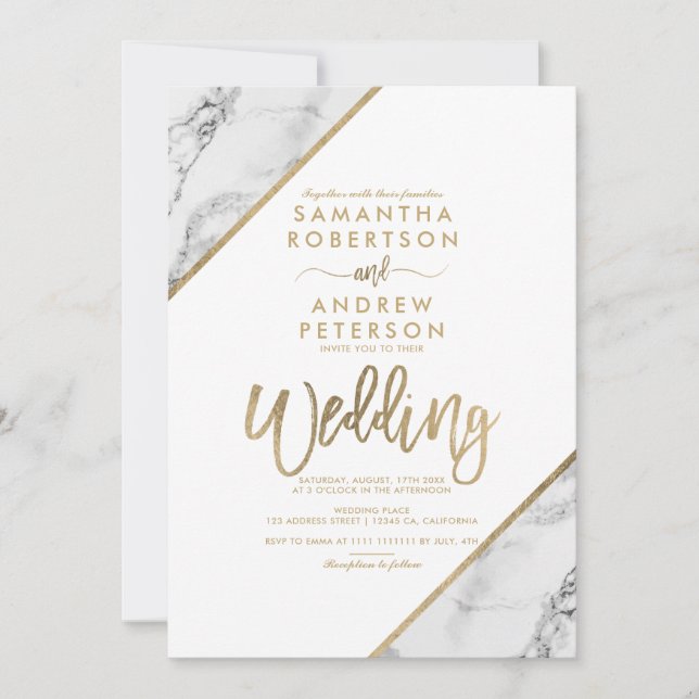 Gold marble stripes typography white wedding invitation (Front)