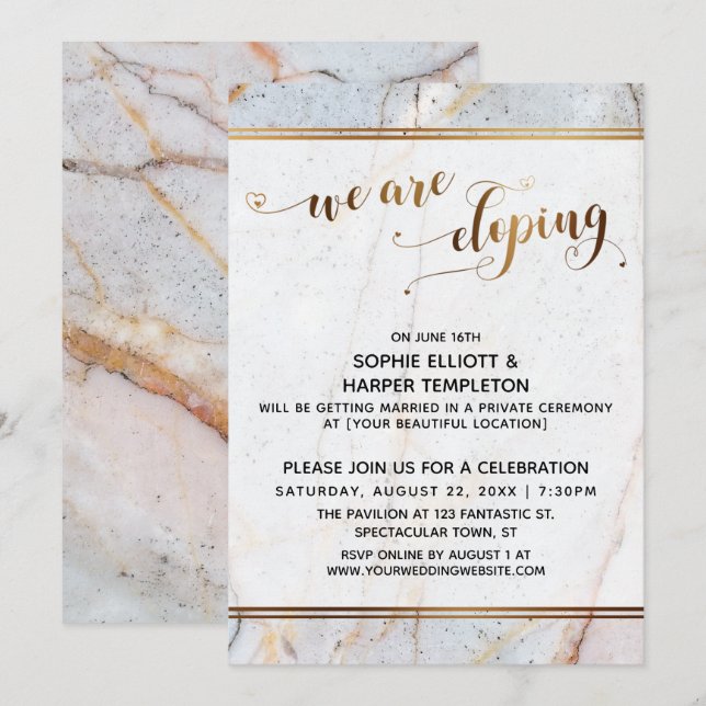 Gold Marble We Are Eloping Gold Hearts Calligraphy Invitation (Front/Back)