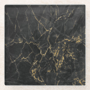 Gold Marbling Black Background Texture Glass Coaster