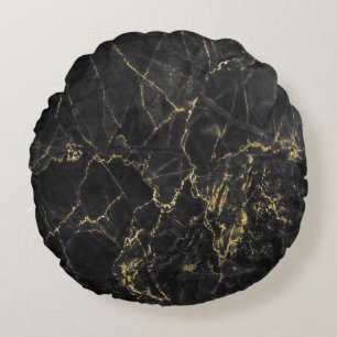 Gold Marbling Black Background Texture Round Cushion