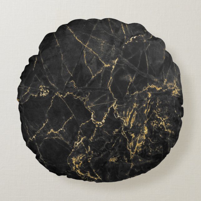 Gold Marbling Black Background Texture Round Cushion (Front)