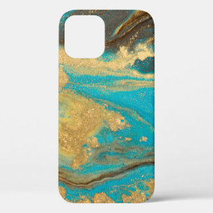 Gold marbling texture design. Blue and golden marb iPhone 12 Case