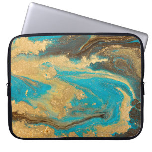 Gold marbling texture design. Blue and golden marb Laptop Sleeve