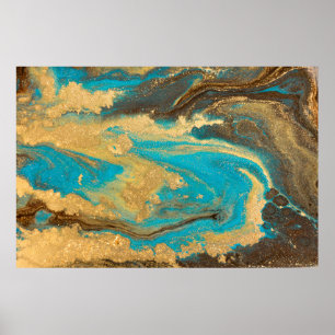Gold marbling texture design. Blue and golden marb Poster
