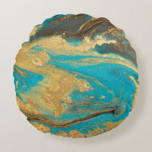 Gold marbling texture design. Blue and golden marb Round Cushion