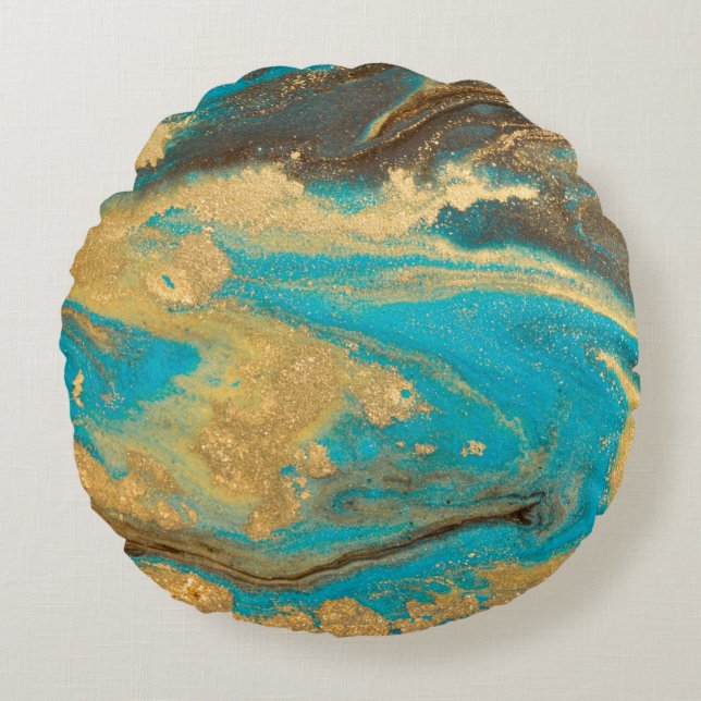 Gold marbling texture design. Blue and golden marb Round Cushion (Front)