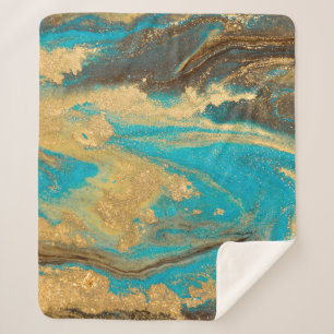 Gold marbling texture design. Blue and golden marb Sherpa Blanket