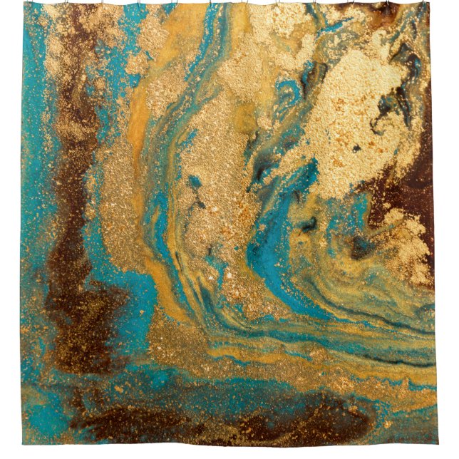 Gold marbling texture design. Blue and golden marb Shower Curtain (Front)