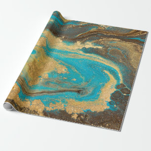Gold marbling texture design. Blue and golden marb Wrapping Paper