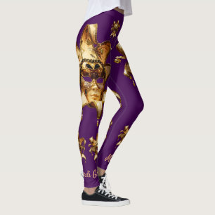 Gold Mardi Gras Masks on Plum Leggings