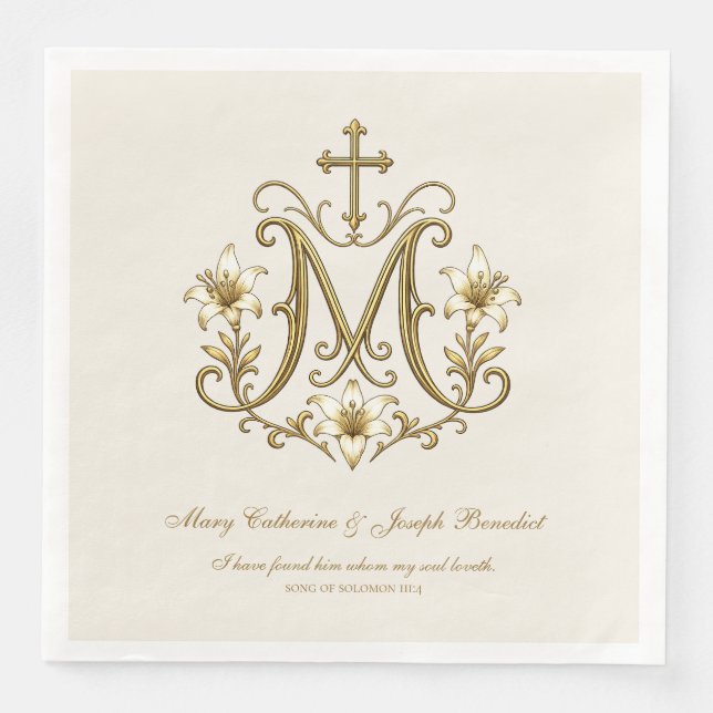 Gold Marian Catholic Monogram Wedding Napkin (Front)