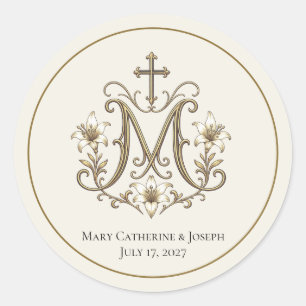 Gold Marian Cross Monogram Classic Round Sticker