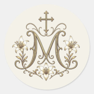 Gold Marian Cross Monogram Classic Round Sticker