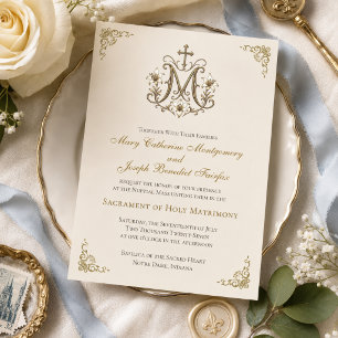 Gold Marian Cross Monogram Nuptial Wedding Invitation