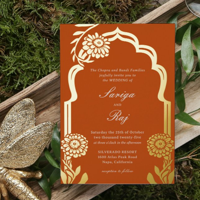 Gold Marigold Indian Wedding Invitation (indian wedding invitation, hindu wedding invitation, gold foil orange marigold flower mundap arch)
