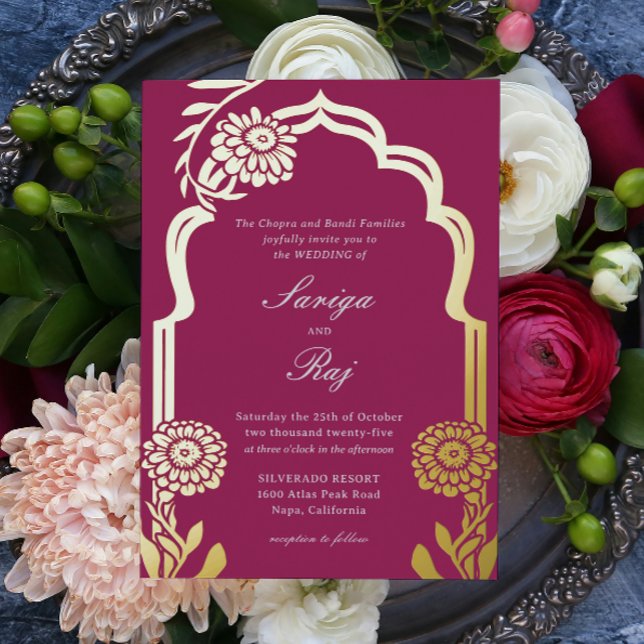 Gold Marigold Indian Wedding Invitation (indian wedding invitation, hindu wedding invitation, gold foil marigold mundap canopy arch invite)
