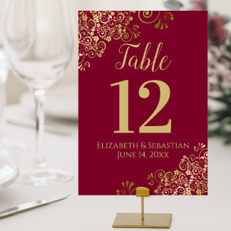 Gold & Maroon Burgundy Elegant Frilly Wedding Table Number