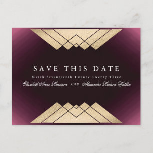 Gold Maroon Geometric Gatsby Foil Save The Date Announcement Postcard
