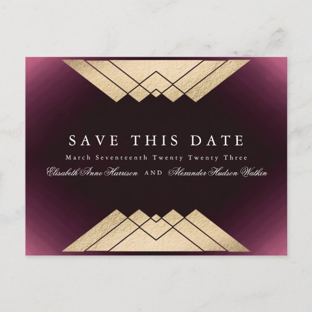 Gold Maroon Geometric Gatsby Foil Save The Date Announcement Postcard (Front)